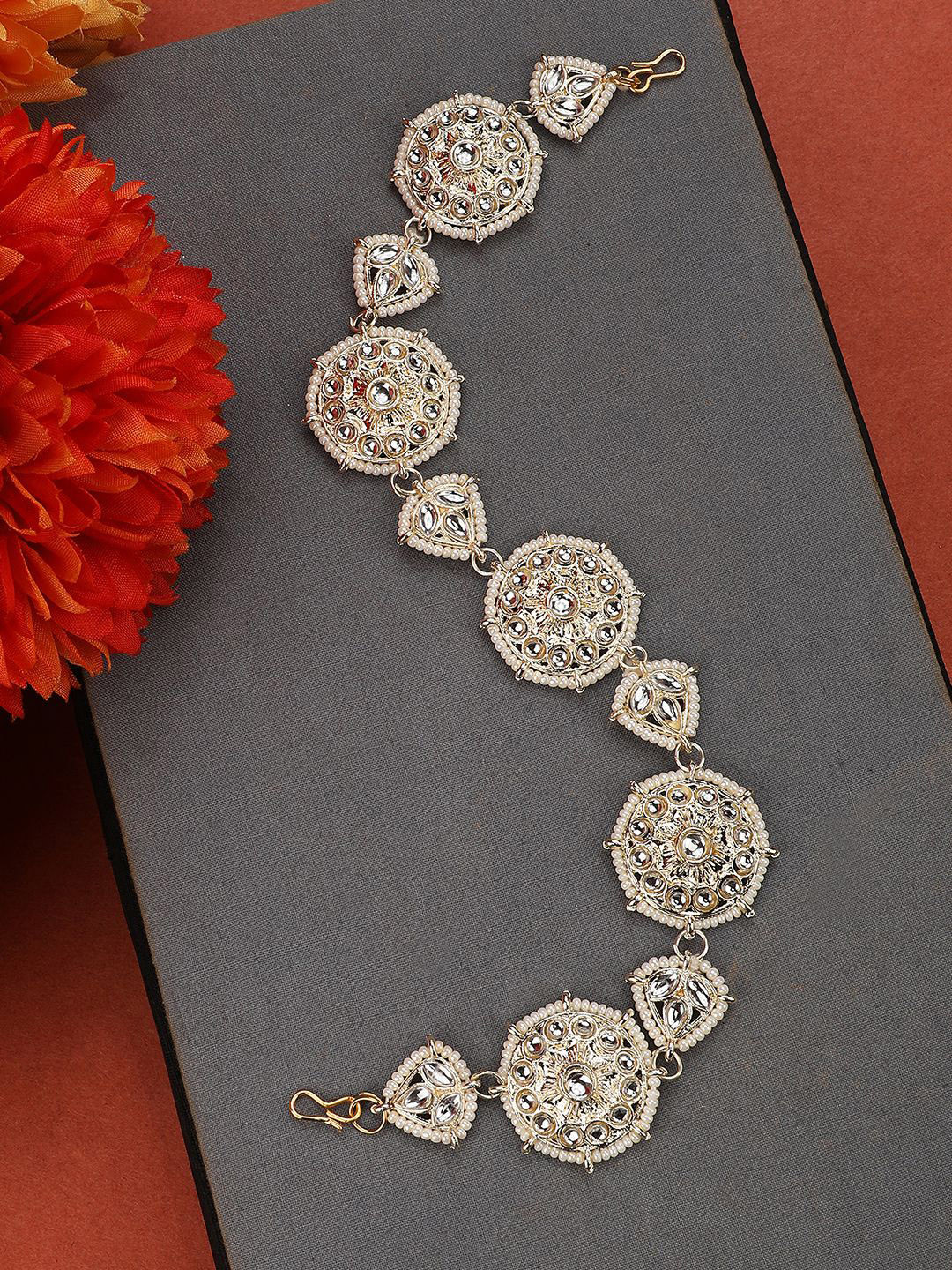 MODE MANIA Gold-Plated Artificial Stones and Beads Studded Matha Patti Head Jewellery