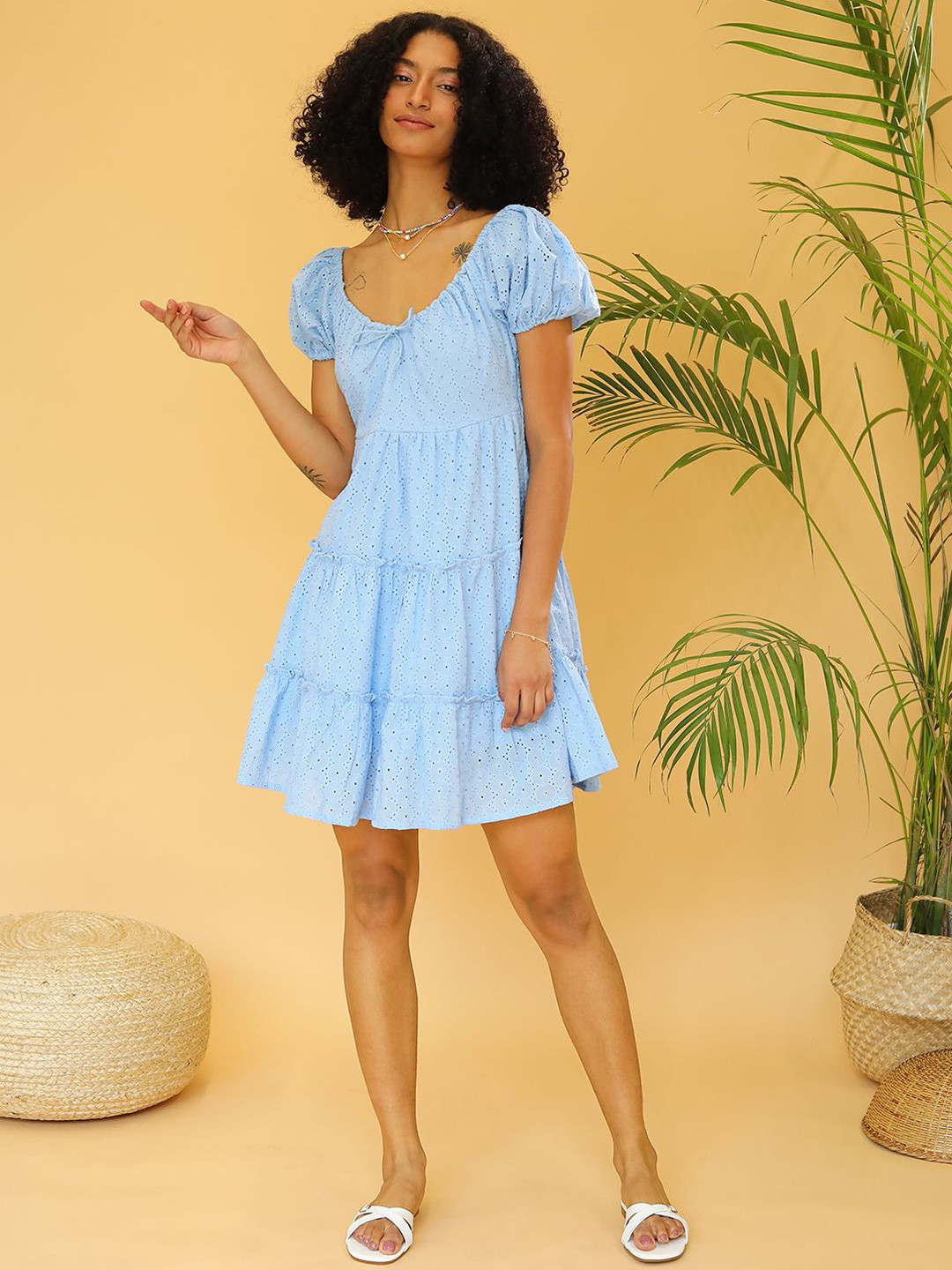 DressBerry Women Tiered Fit & Flare Mini Schiffli Dress
