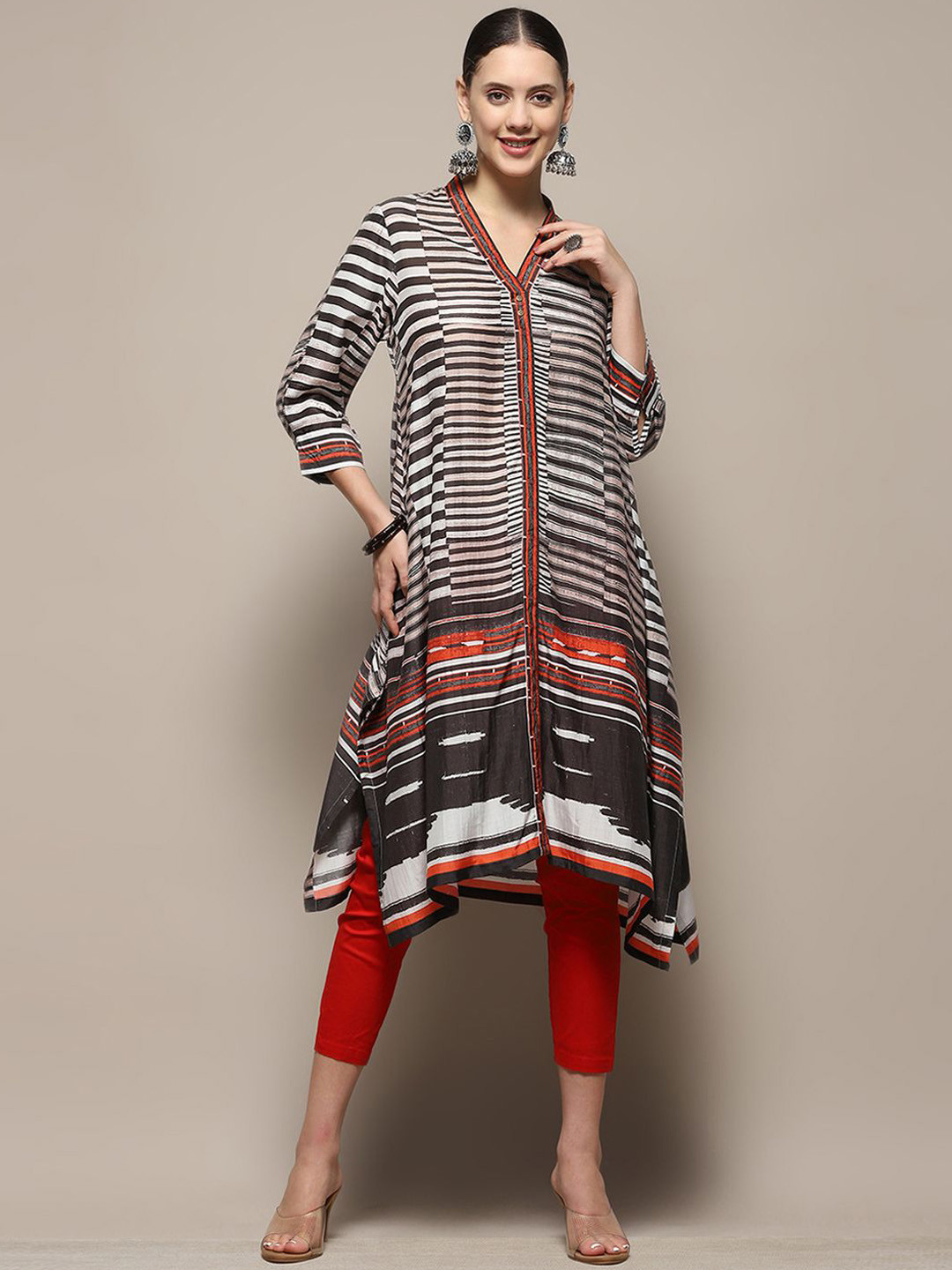 Biba Abstract Printed V Neck A-Line Kurta