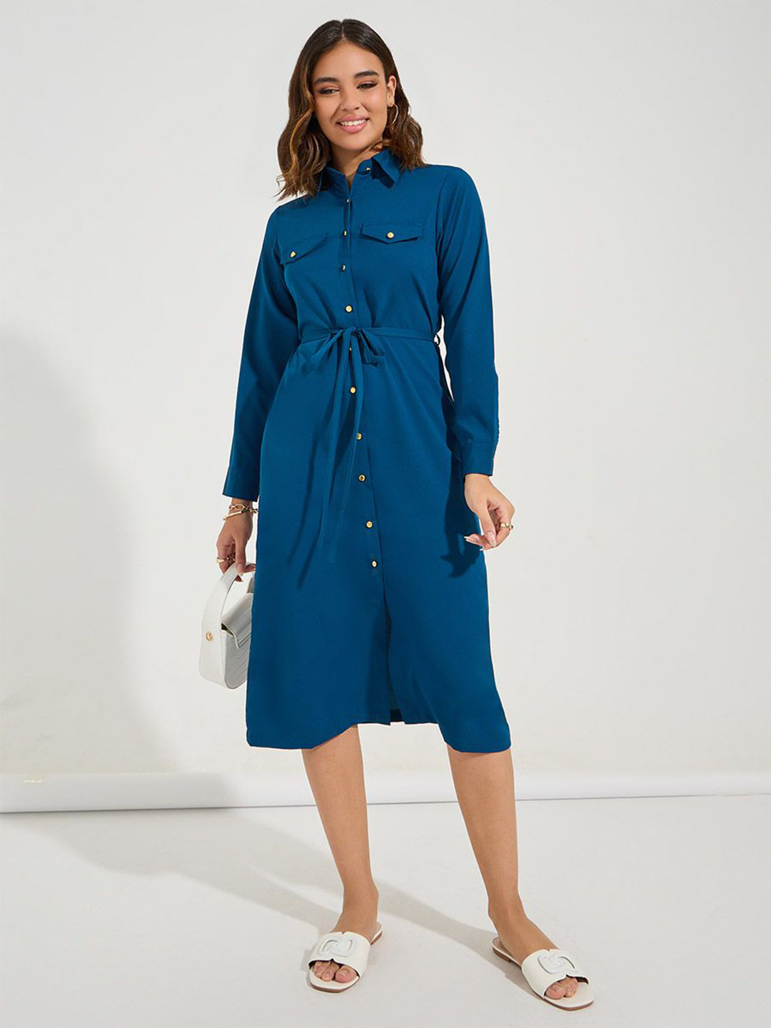 Styli Women Shirt Collar Solid Shirt Midi Dress With Tie Up Belt
