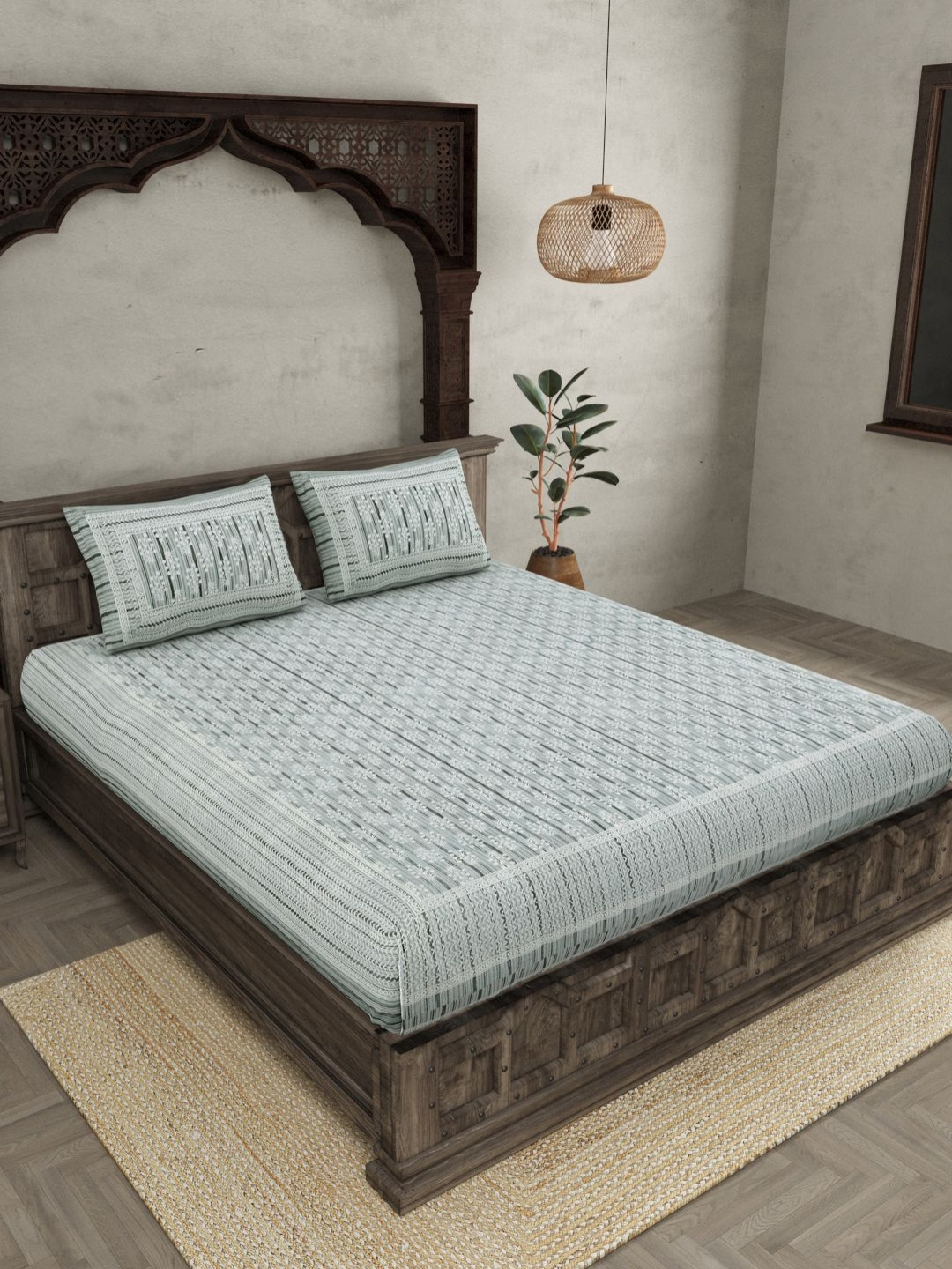 JAIPUR FABRIC Grey Floral Pure Cotton 144 TC King Superfine Bedsheet with 2 Pillow Covers-2.70 x 2.25 cm
