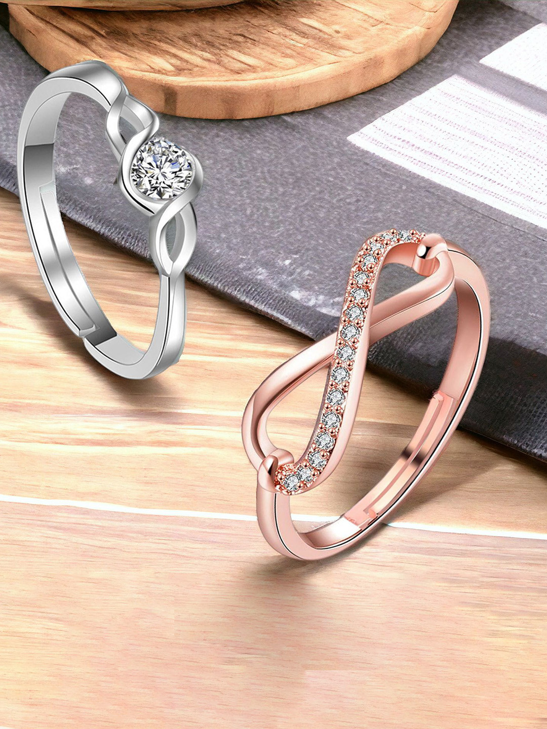 Okos Set Of 2 Cubic Zirconia-Studded Solitaire & Infinity Finger Rings