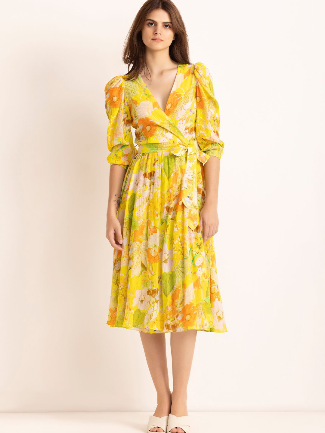 REENA SHARMA Floral Print Crepe Midi Dress