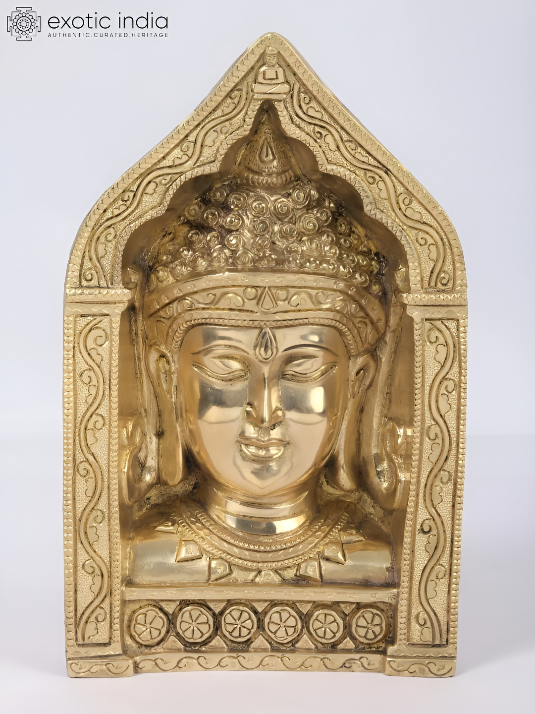 Exotic India Buddha Face with Frame Gold Brass Metallic Prayer Room Medium Showpiece - 2.5 Inches