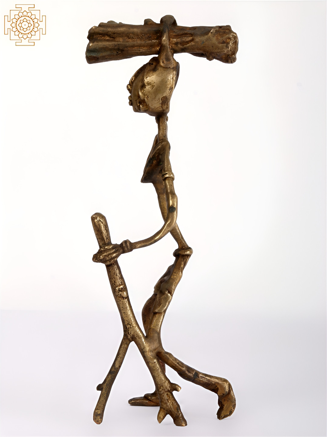 Exotic India Tribal Old Woman Carrying Wood on Her Head Brown Brass Metallic Living Room Small Showpiece - 8.5 Inches