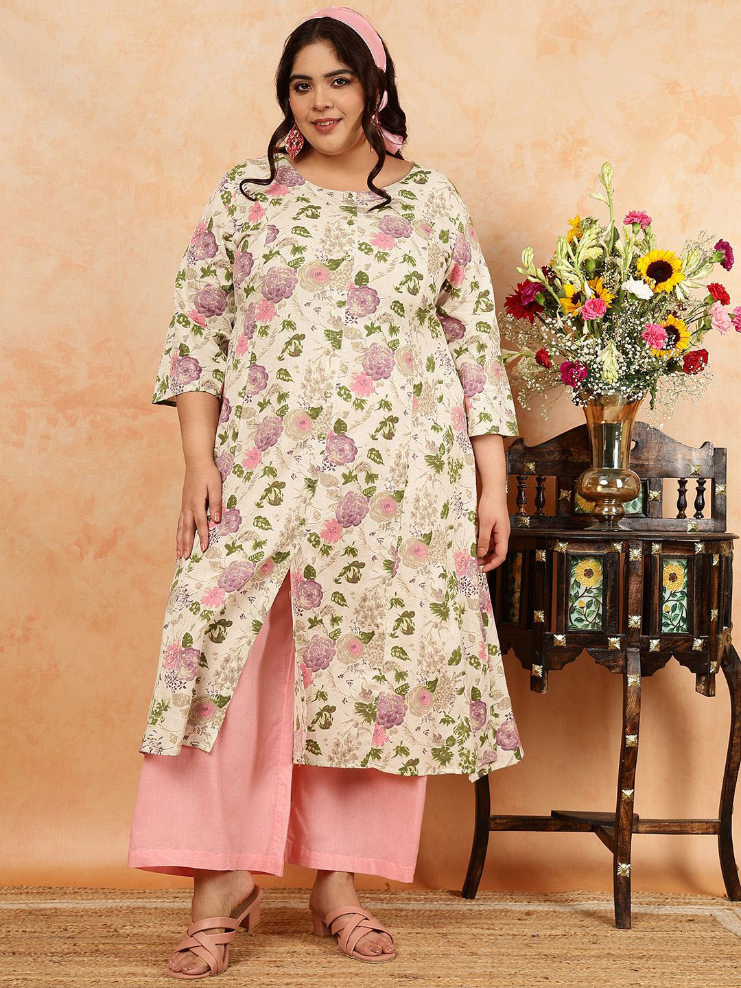 GULMOHAR JAIPUR Plus Size Floral Printed Cotton Flex A-Line Kurta