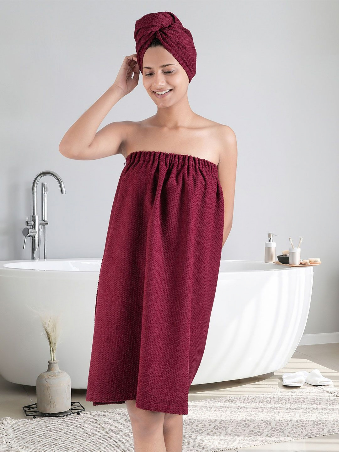 MYTRIDENT Urban Comfort Maroon Cotton Slip-On Mini Set of 2 Bath Wrap with Head Wrap-L
