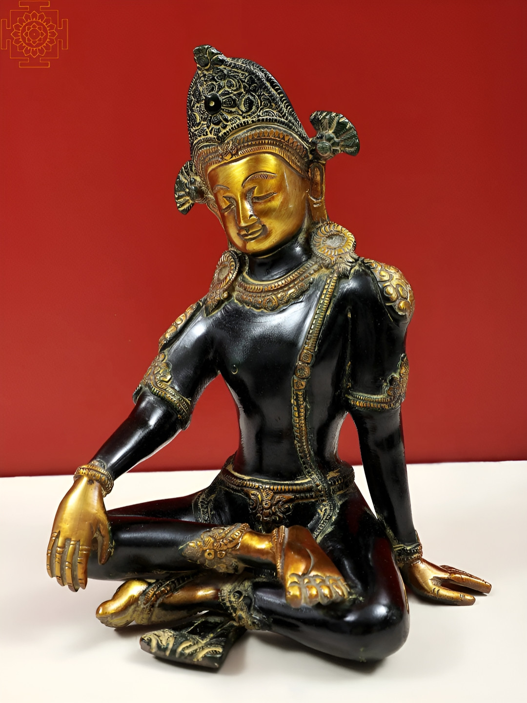 Exotic India Lord indra Gold Brass Metallic Living Room Hand Made Medium Showpiece - 4.5 Inches