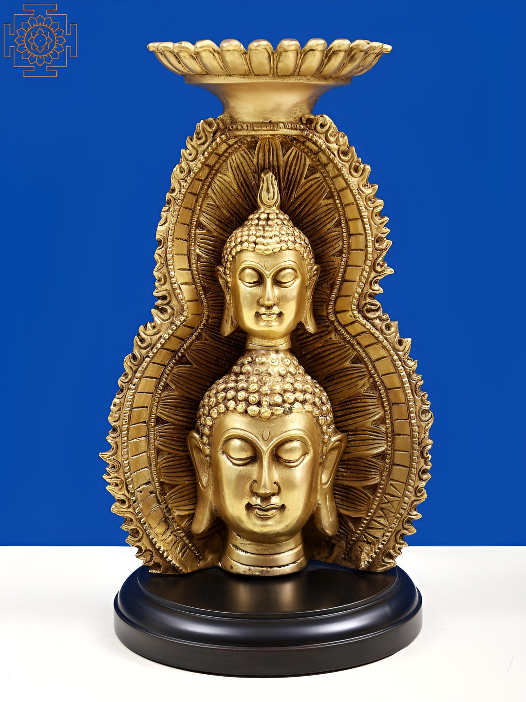 Exotic India Face Buddha with Candle Holder Gold Brass Metallic Living Room Medium Showpiece - 11 Inches