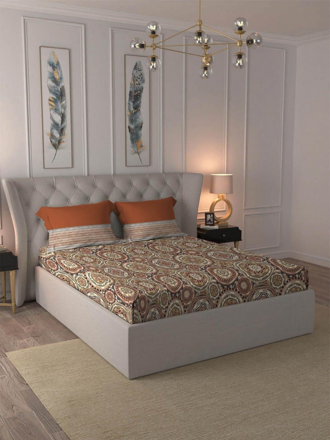 MYTRIDENT Dusk And Dawn Rust Ethnic Motifs Pure Cotton Skin-Friendly 144 TC Queen Bedsheet with 2 Pillow Covers-228 x 254 cm