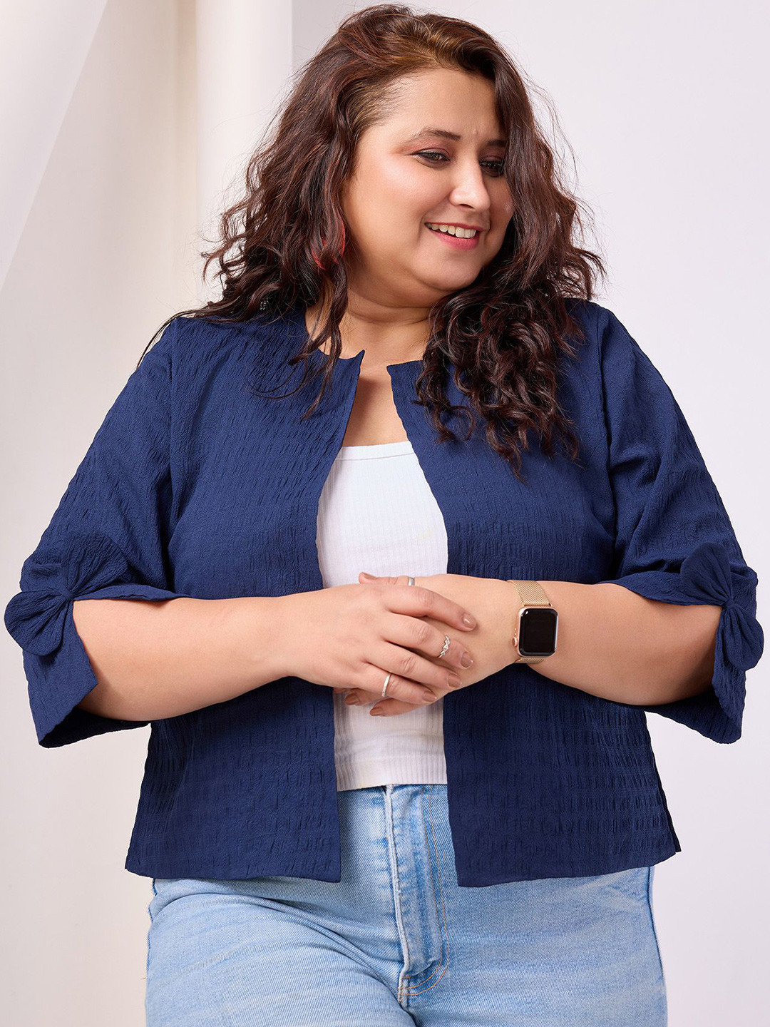 RACHNA Self Design Textured Round Neck Front Open Shrug With Bow Detailing