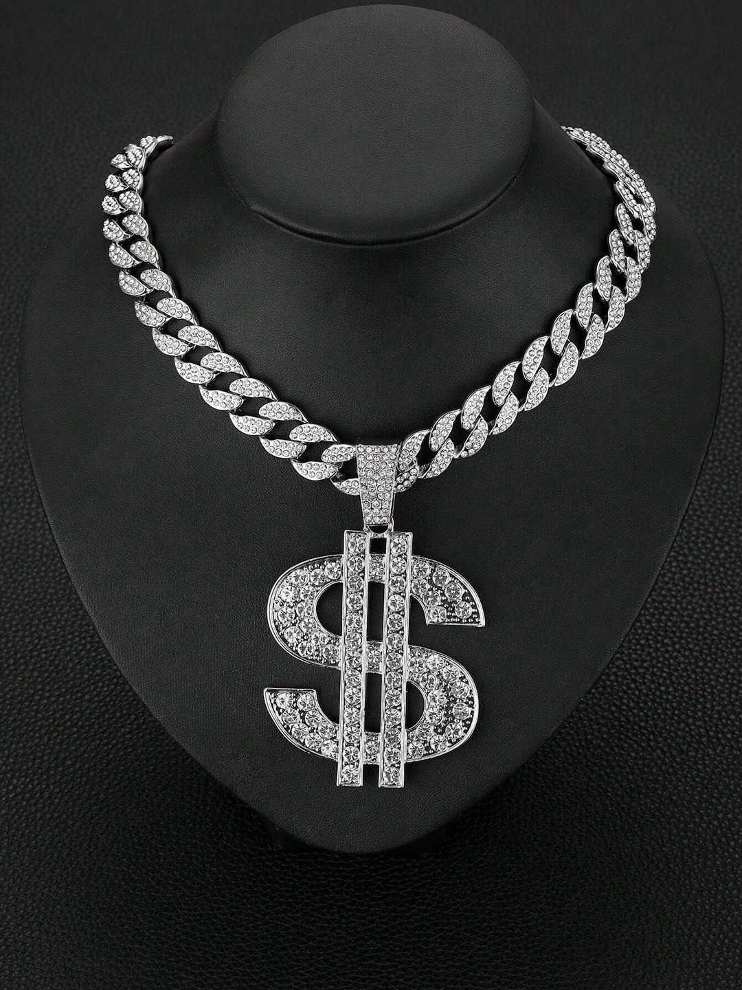 KRENOZ Men Sliver-Plated Stone-Studded Stainless Steel Pendant With Chain