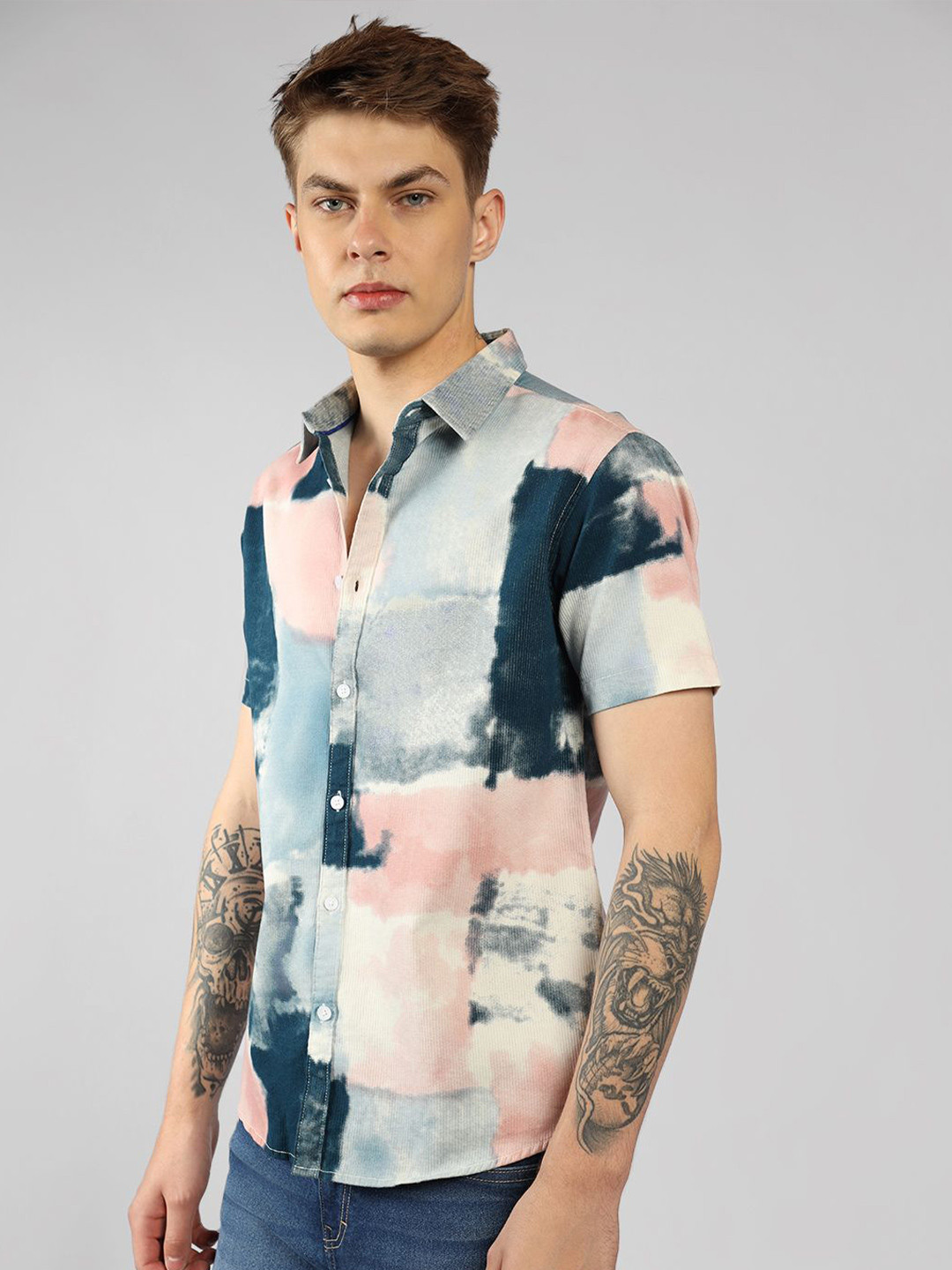 Dennis Lingo Spread Collar Cotton Dobby Textured Print Casual Shirt