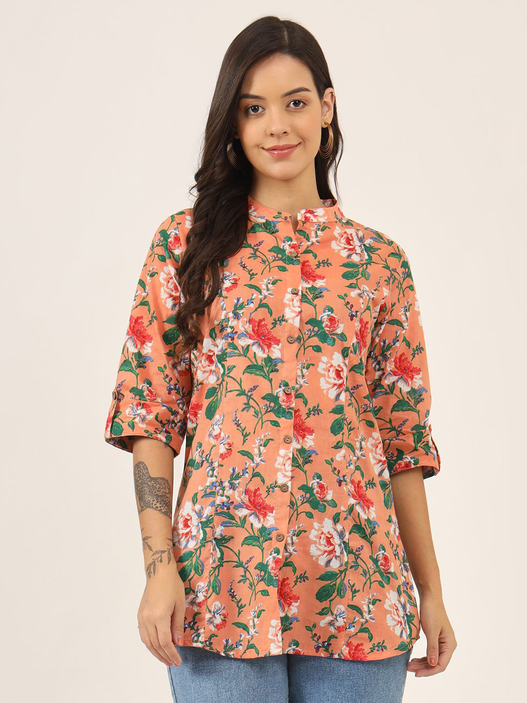 KALINI Women Floral Printed Mandarin Collar Cotton Top
