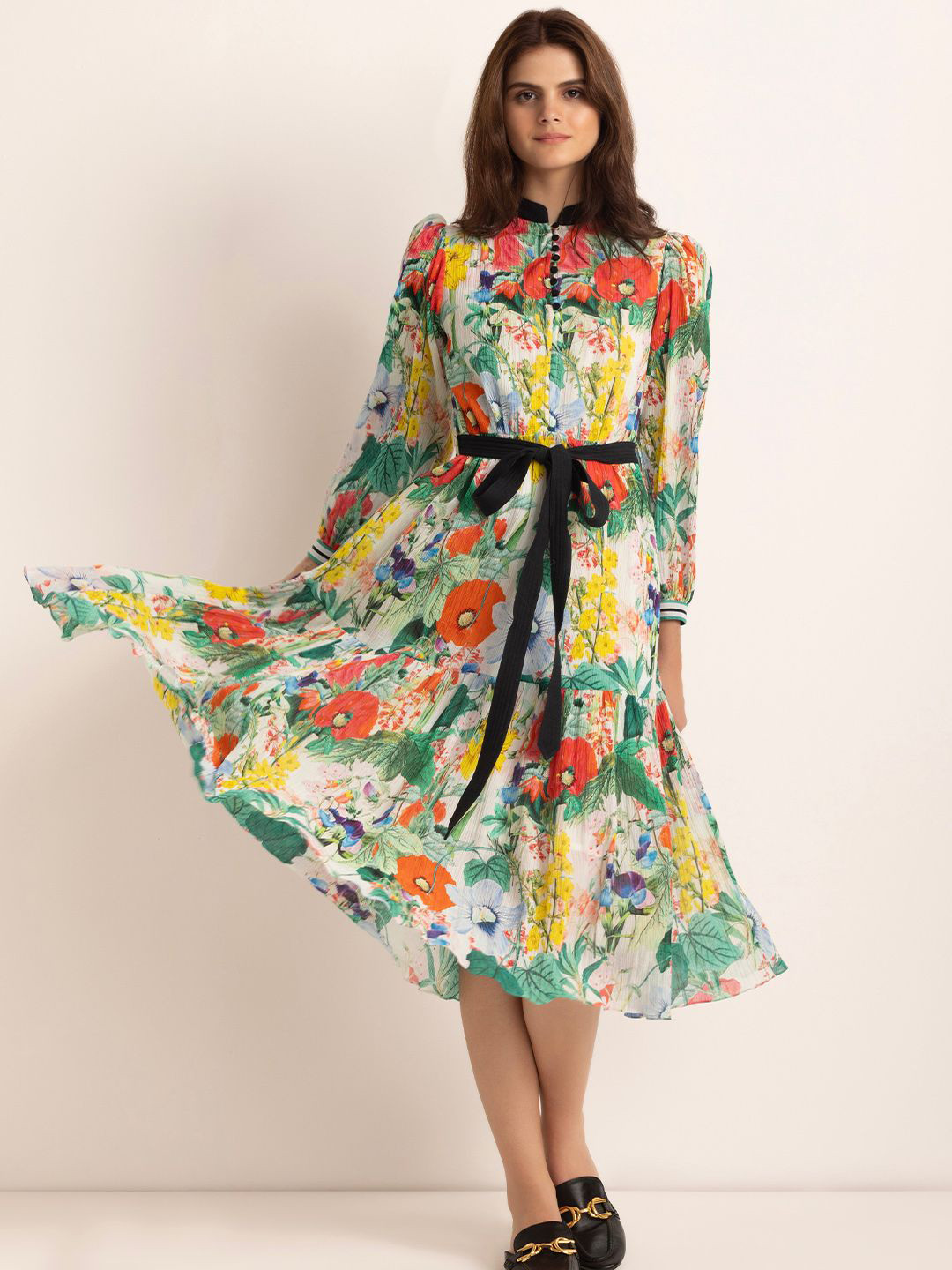 REENA SHARMA Floral Print A-Line Midi Dress