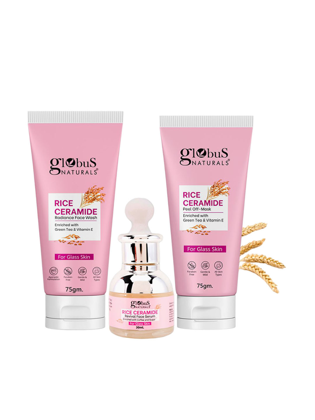 Globus naturals Set Of 3 Rice Ceramide Face Wash Face Serum Peel off Mask Skin Care Combo
