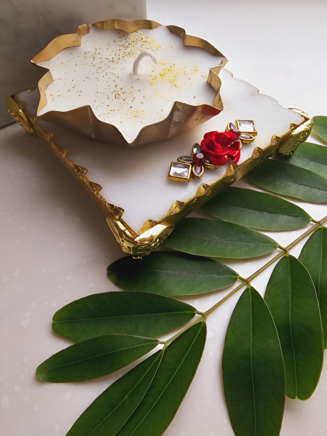 HOMEARTE Gold-Toned & White Marble Candle Holder