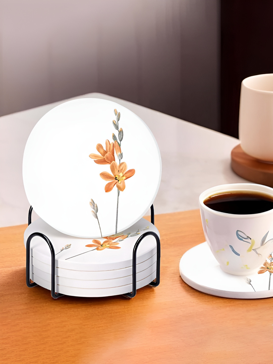 Ekhasa White & Orange 6 Pieces Printed Diatomite Coasters With Holder