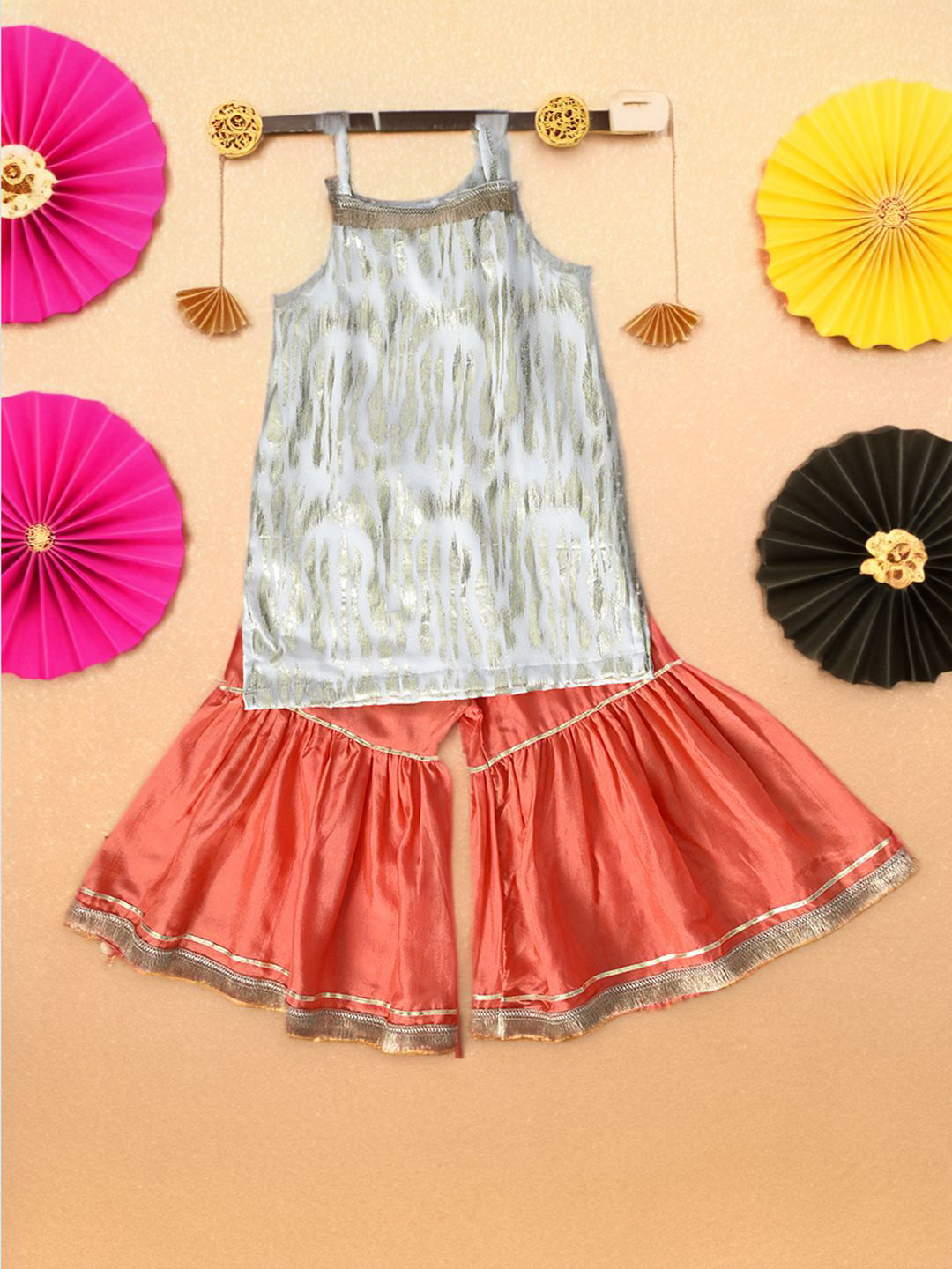Bella Moda Girls Woven Design Straight Silk Georgette Kurti with Sharara