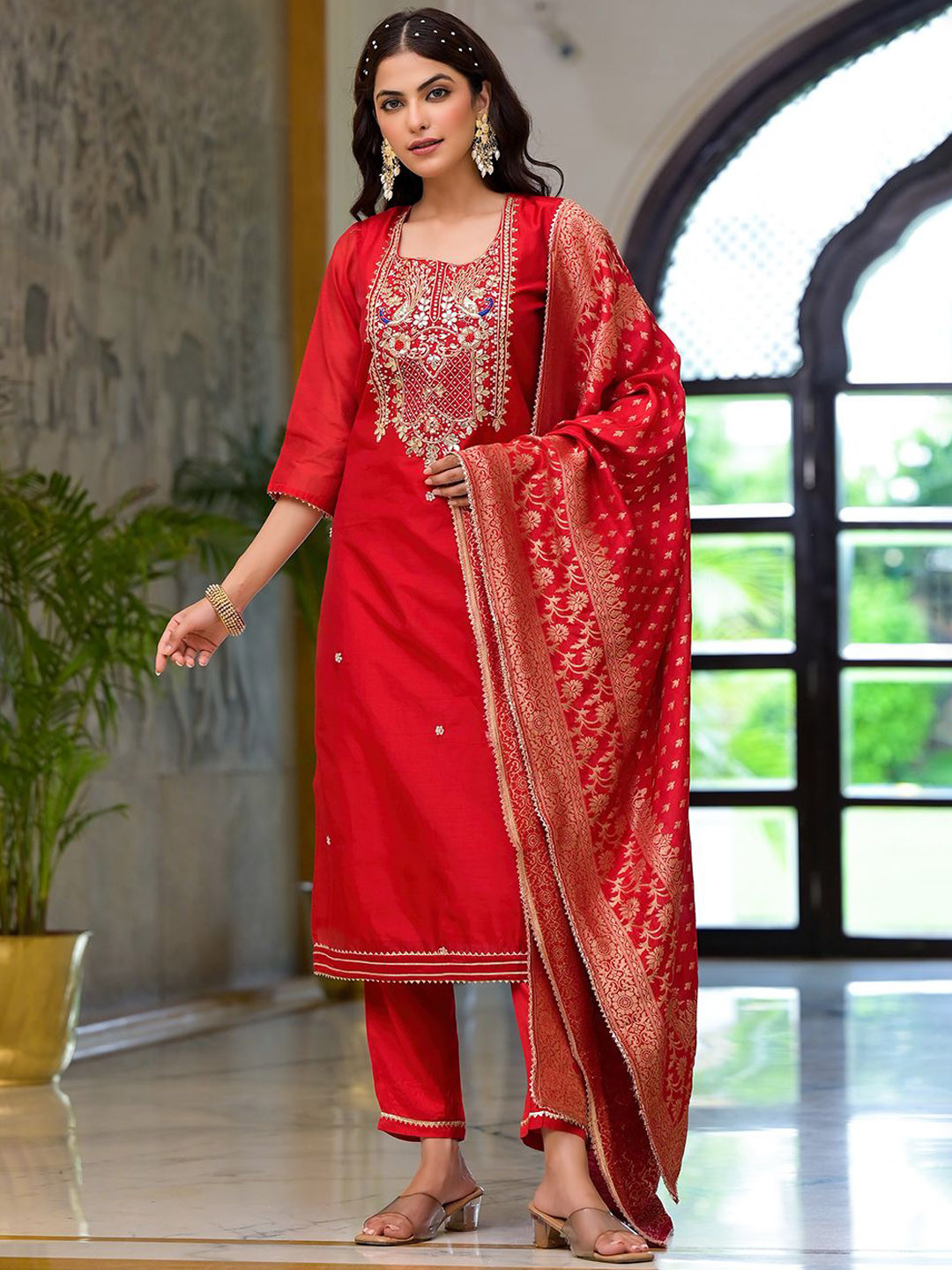 Divena Floral Embroidered Gotta Patti Chenderi Straight Kurta With Trousers & Dupatta