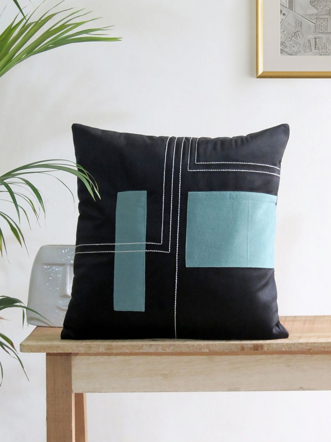 Mid July Home Black Geometric Velvet Durable Patchwork Cushion Cover - 15.7 x 15.7 Inches