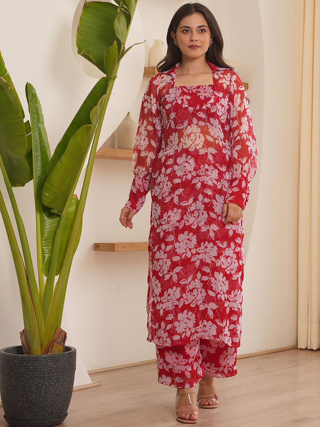 OneWe Cora Floral Printed Square Neck Silk Chiffon Smocked Blouse And Kurta With Trouser