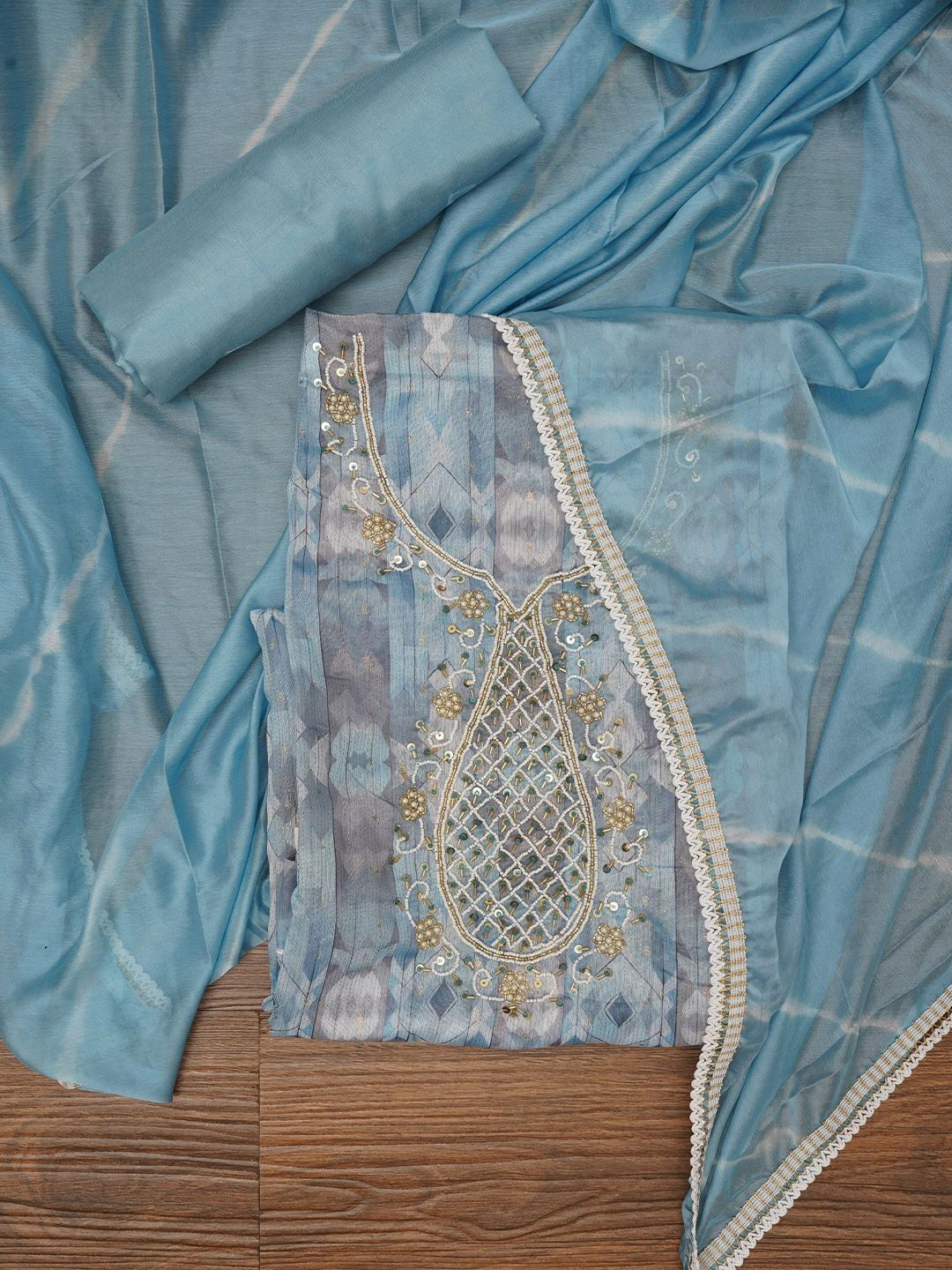 Jaipur Kurti Leheriya Embroidered Dress Material with Dupatta