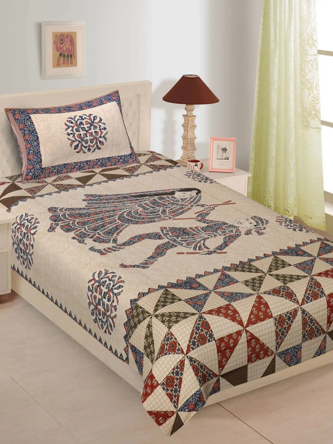LIVING ROOTS Jaipur Purple Ethnic Motifs Cotton Skin-Friendly 144 TC Single Bedsheet with a Pillow Cover-56 x 86 inches