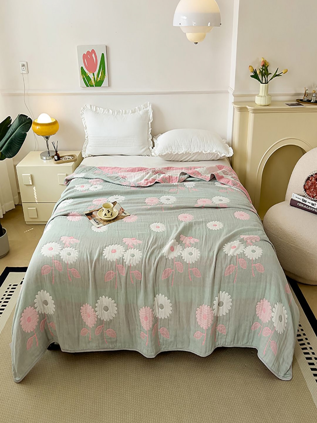 JC HOME Green & Pink Floral Woven Design 350 GSM AC Room Pure Cotton Single Bed Quilt
