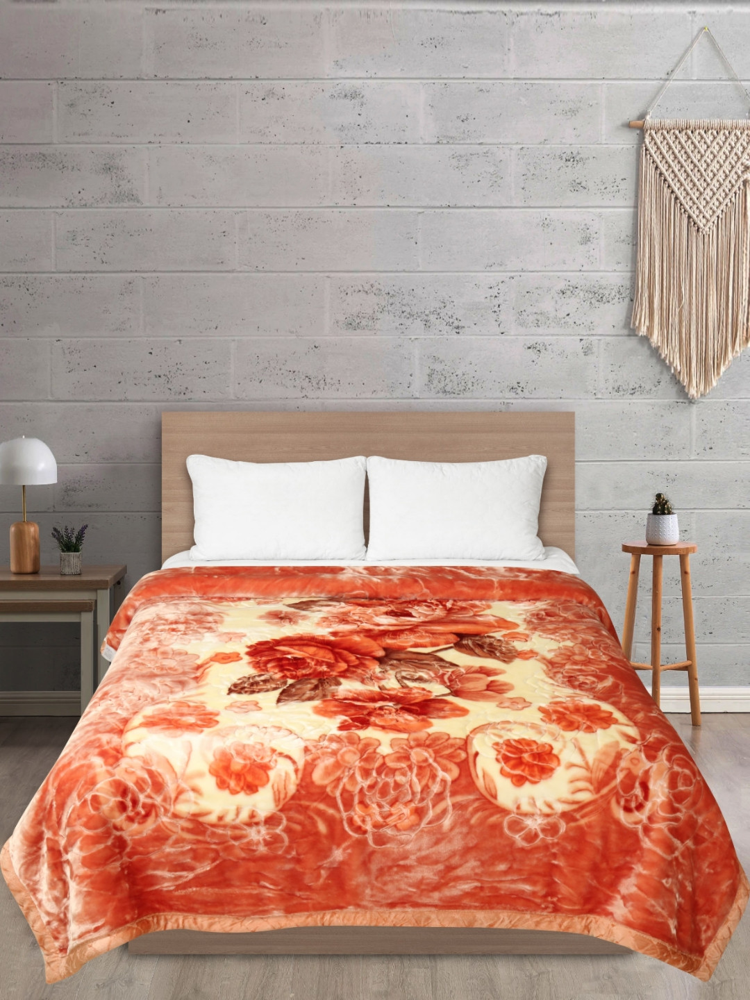 Signature comfy Orange & Cream-Coloured Floral Mink Heavy Winter Double Bed Blanket