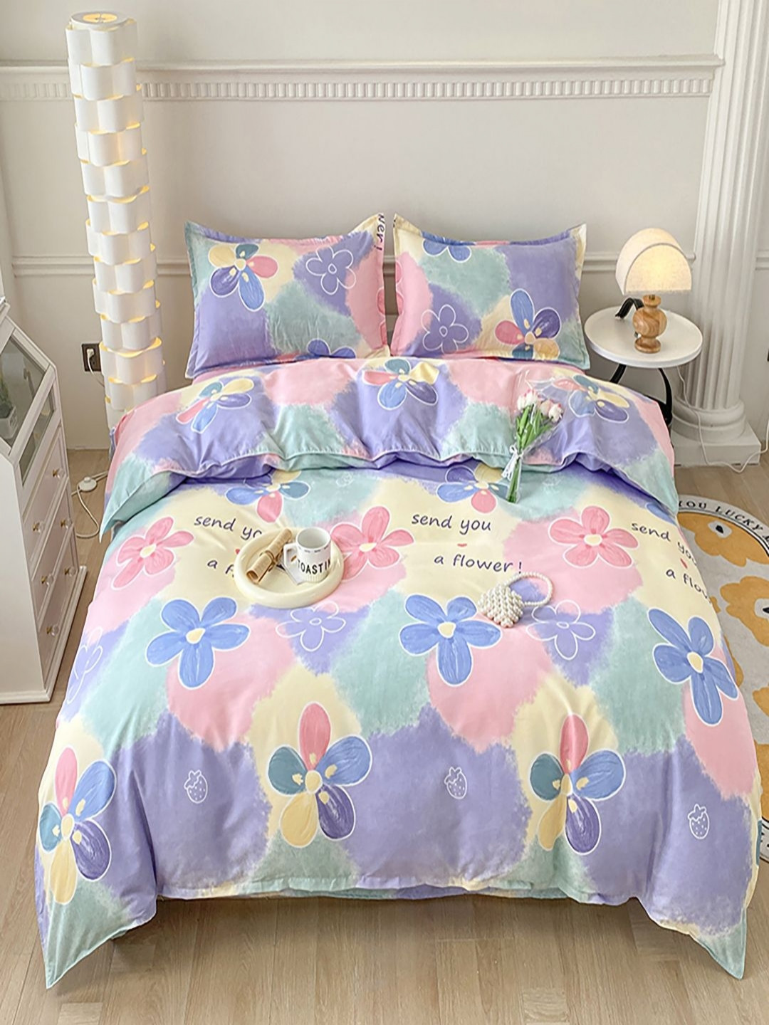 JC HOME White & Blue Floral Printed Double Extra Large Regular Bedding Set