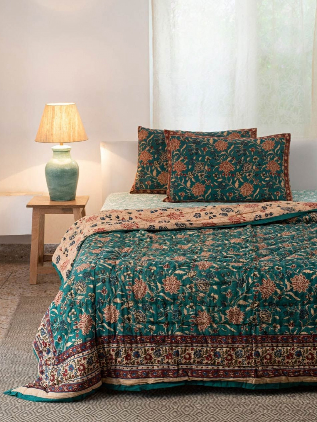 Fabindia Standalone Teal & Red Floral Printed 354 GSM Cotton Double Bed Quilt