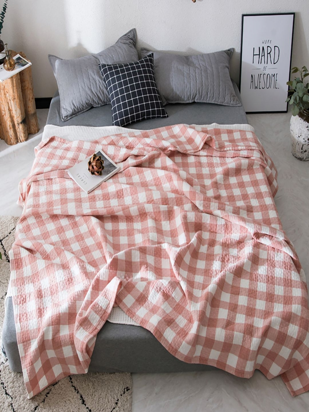JC HOME Pink & White Checked 350 GSM AC Room Pure Cotton Single Bed Quilt
