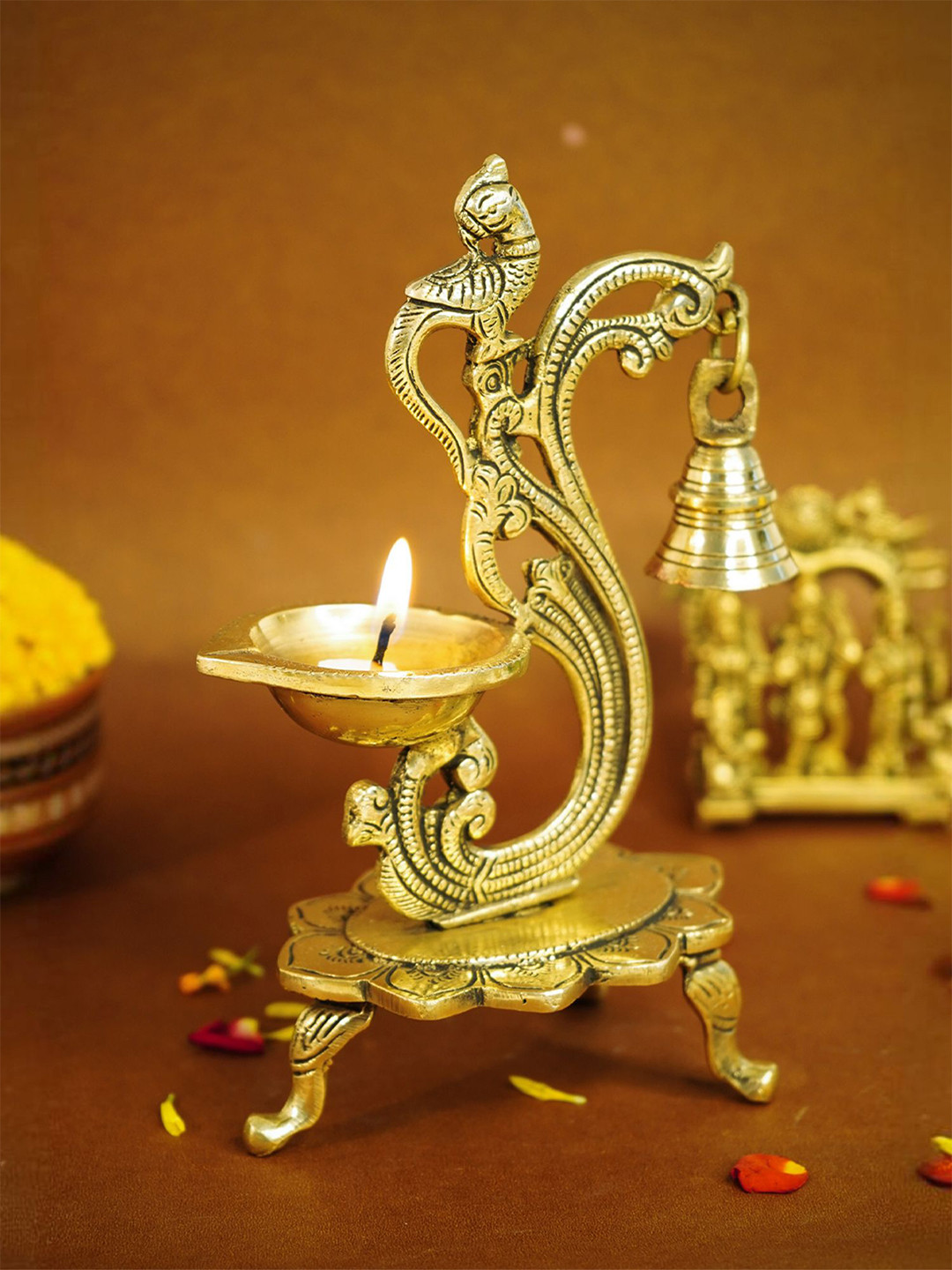 Ekhasa Gold-toned Brass Peacock Diya With Bell