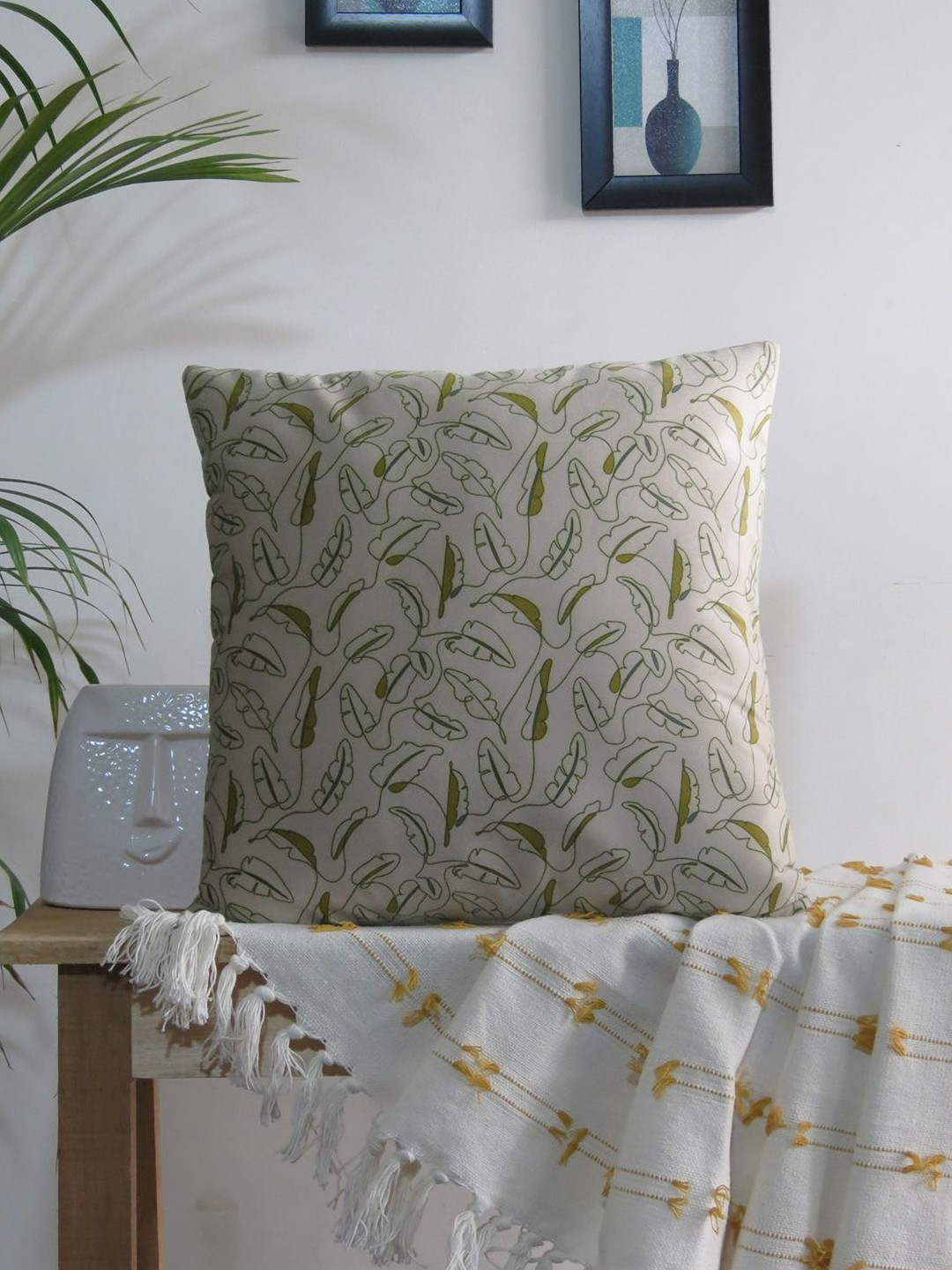 Mid July Home Floral Off White Leaf Velvet Washable Textured Square Cushion Cover -16x16In