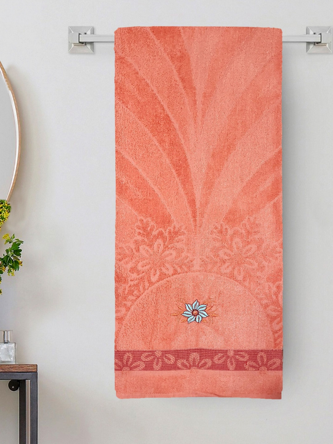 ANA Orange & White Floral Embroided 300 GSM Cotton Bath Towel