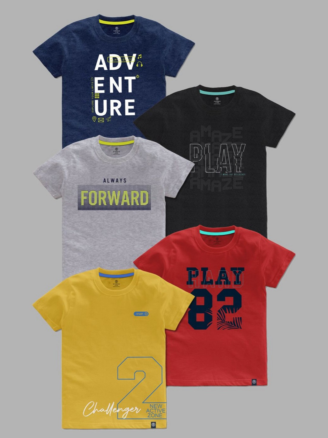 CODEZ Pack Of 5 Boys Typography Printed Round Neck Cotton T-shirts