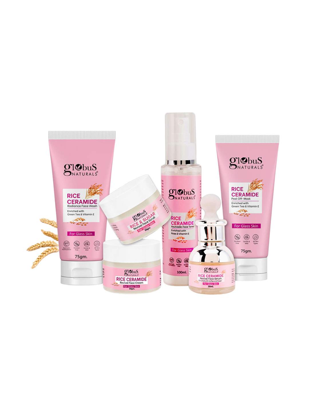 Globus naturals Set Of 6 Rice Ceramide Face Wash-Cream-Toner-Scrub-Serum & Pell Of Mask
