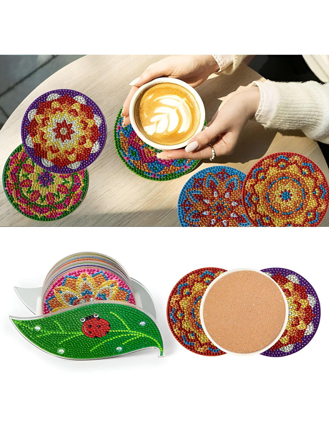 Ekhasa Yellow & Blue 6 Pieces Textured Round Acrylic Beads Coasters With Holder