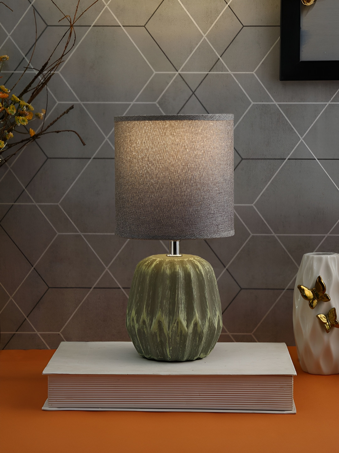 TAYHAA Grey and Beige Contemporary Ceramic Cylindrical Shaped Table Lamp