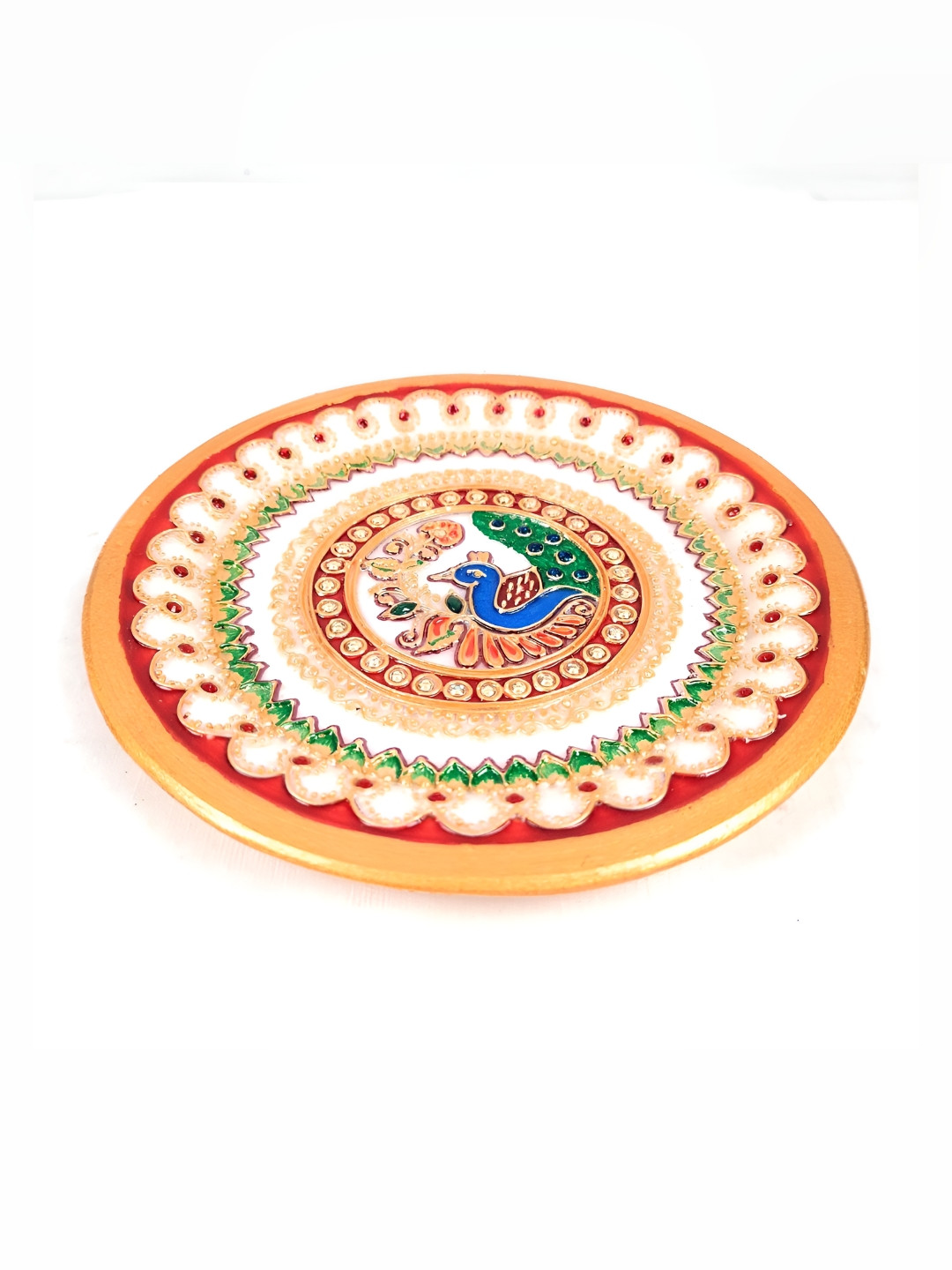 apka mart White & Blue Printed Marble Peacock Design Pooja Thali