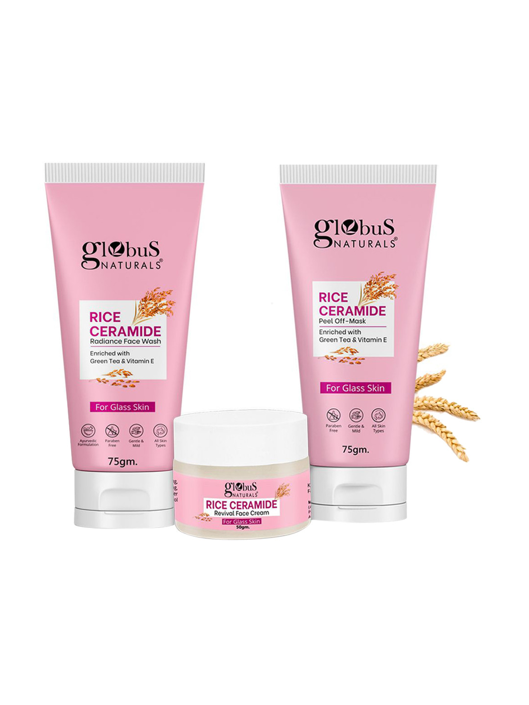 Globus naturals Set Of 3 Rice Ceramide Face Wash Face Cream & Peel Off Mask Combo