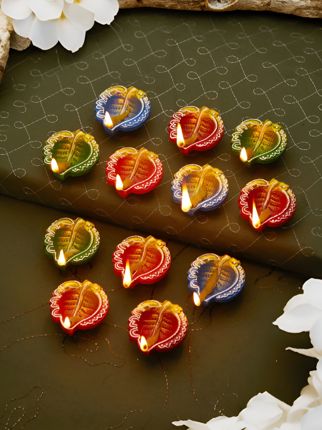 TIED RIBBONS Red & Green 12 Pieces Floral Printed Terracotta Oil Diyas
