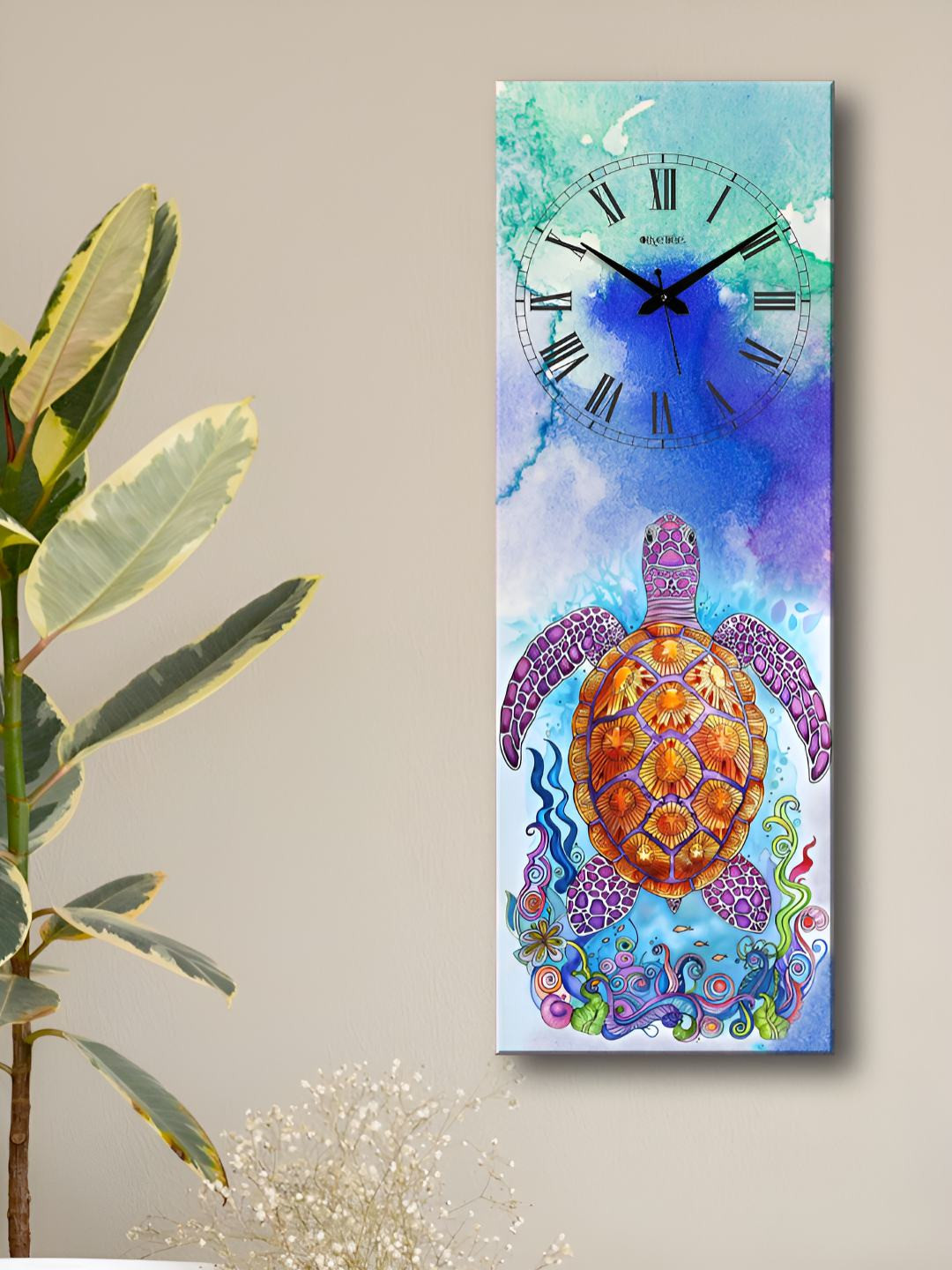 OLIVE TREE Blue & Green Printed Rectangular Wooden Analogue Contemporary Wall Clock