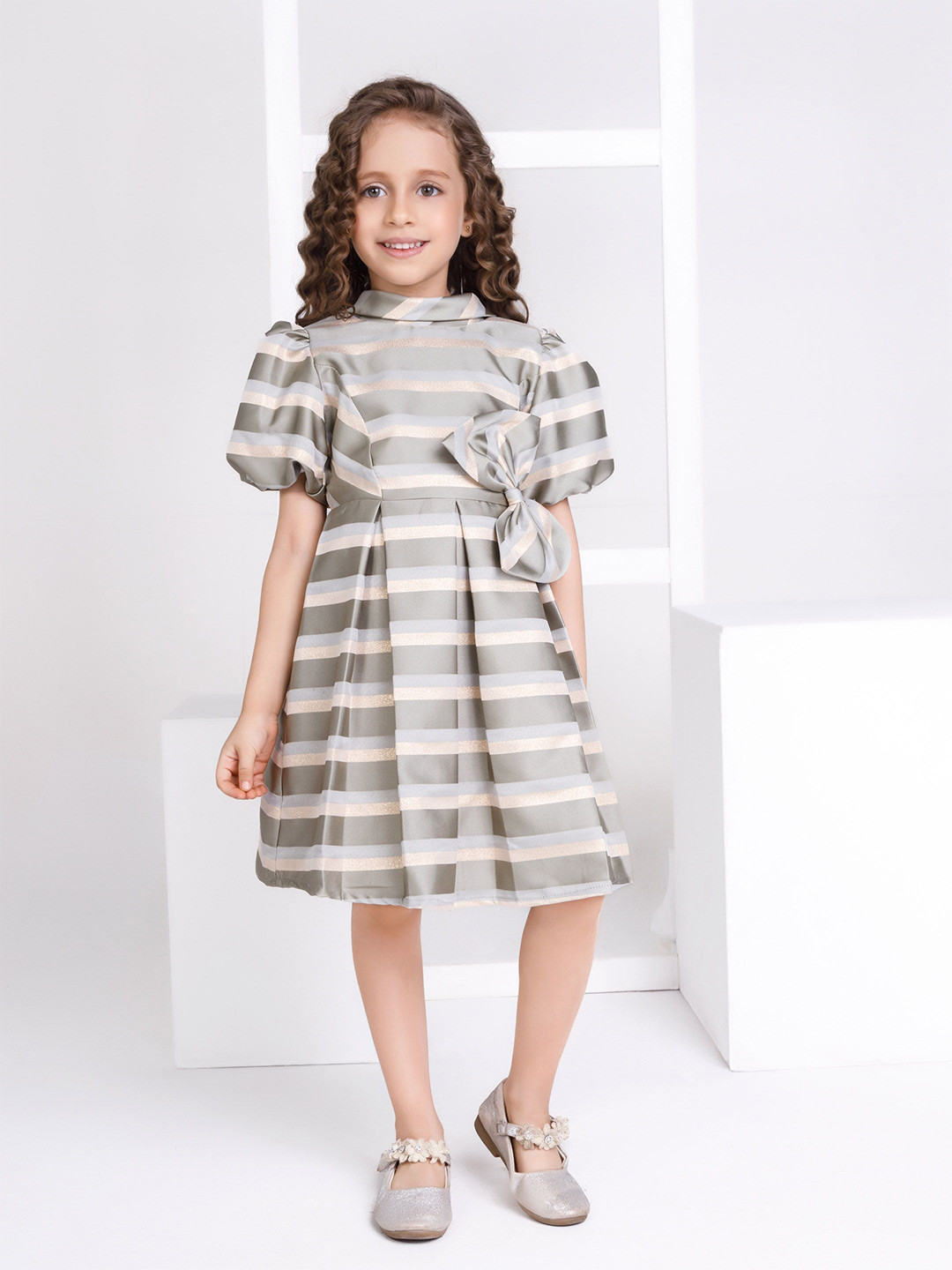 Peppermint Girls Striped Puff Sleeve Jacquard Fit and Flare Dress