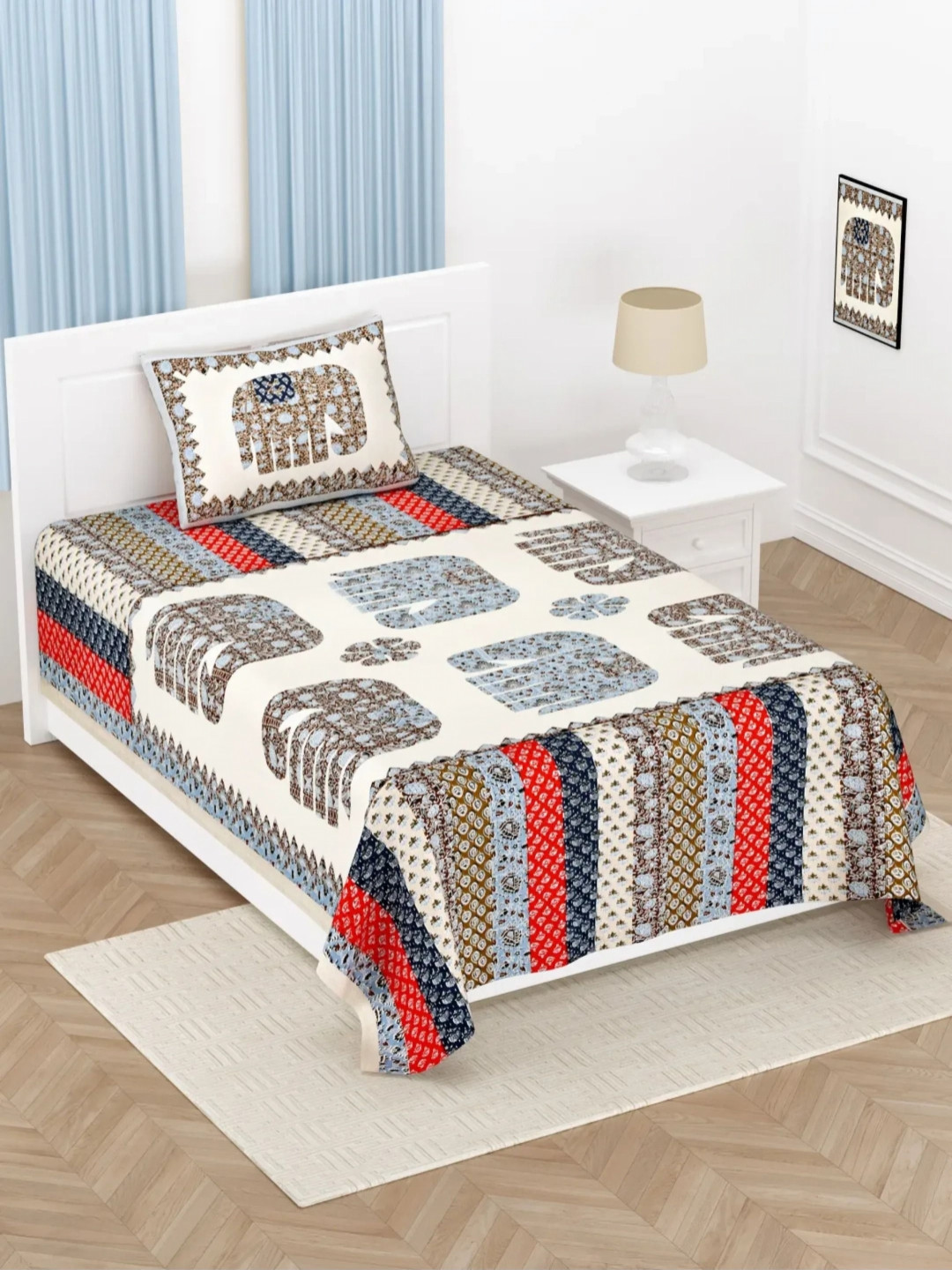 LIVING ROOTS Single Size Jaipur Block Print Cotton Bedsheet With 1 Pillow Covers