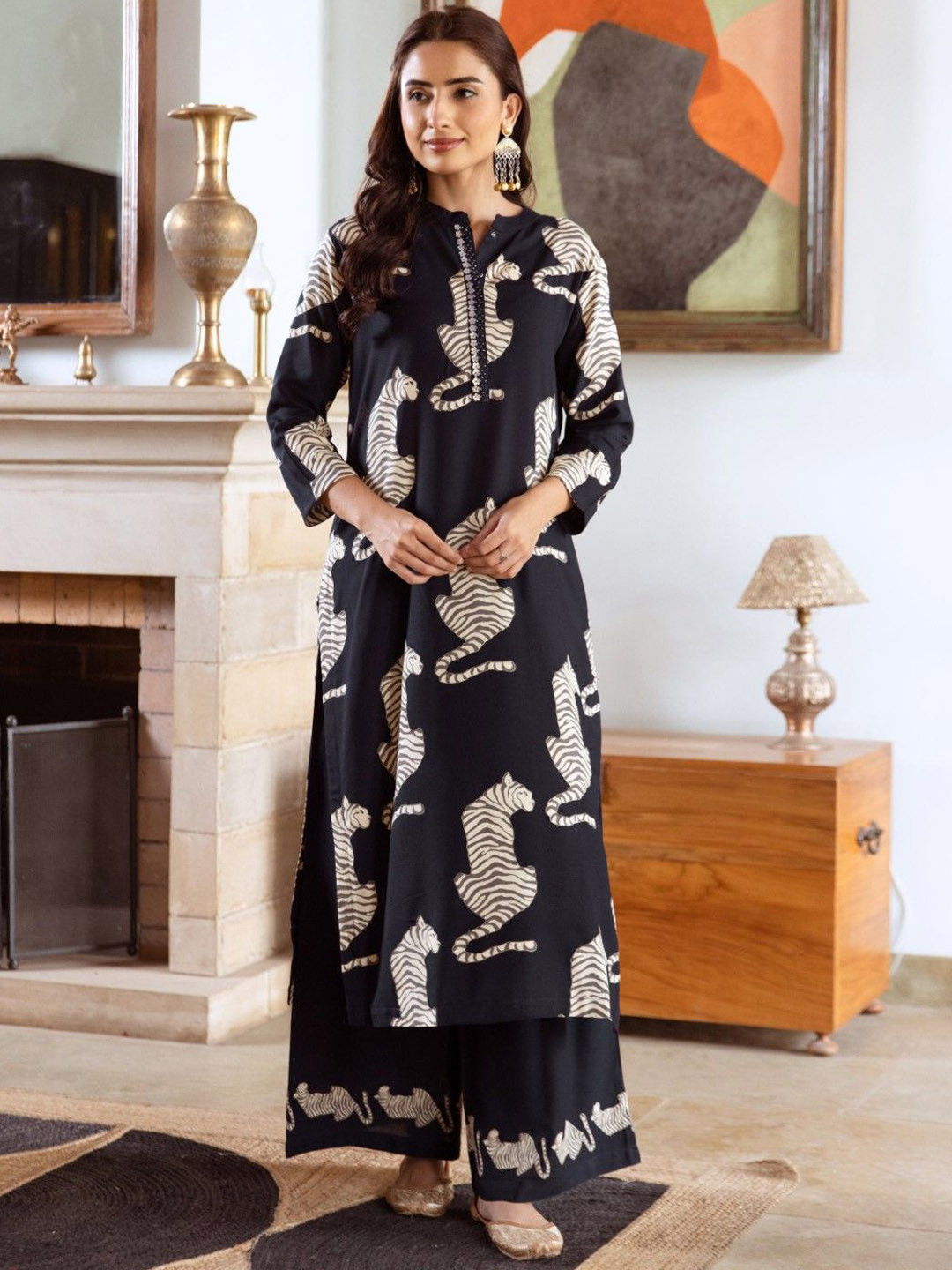 AUTUMN LANE Animal Printed Mandarin Collar Beads & Stones Pure Cotton Kurta With Palazzo