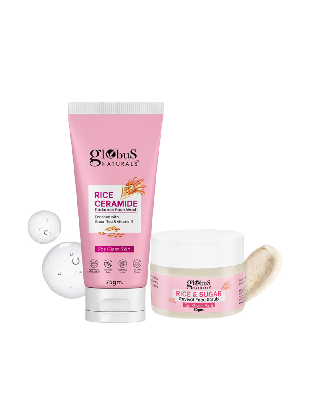 Globus naturals Rice Ceramide Face Wash 75 g With Rice & Sugar Scrub 50 g