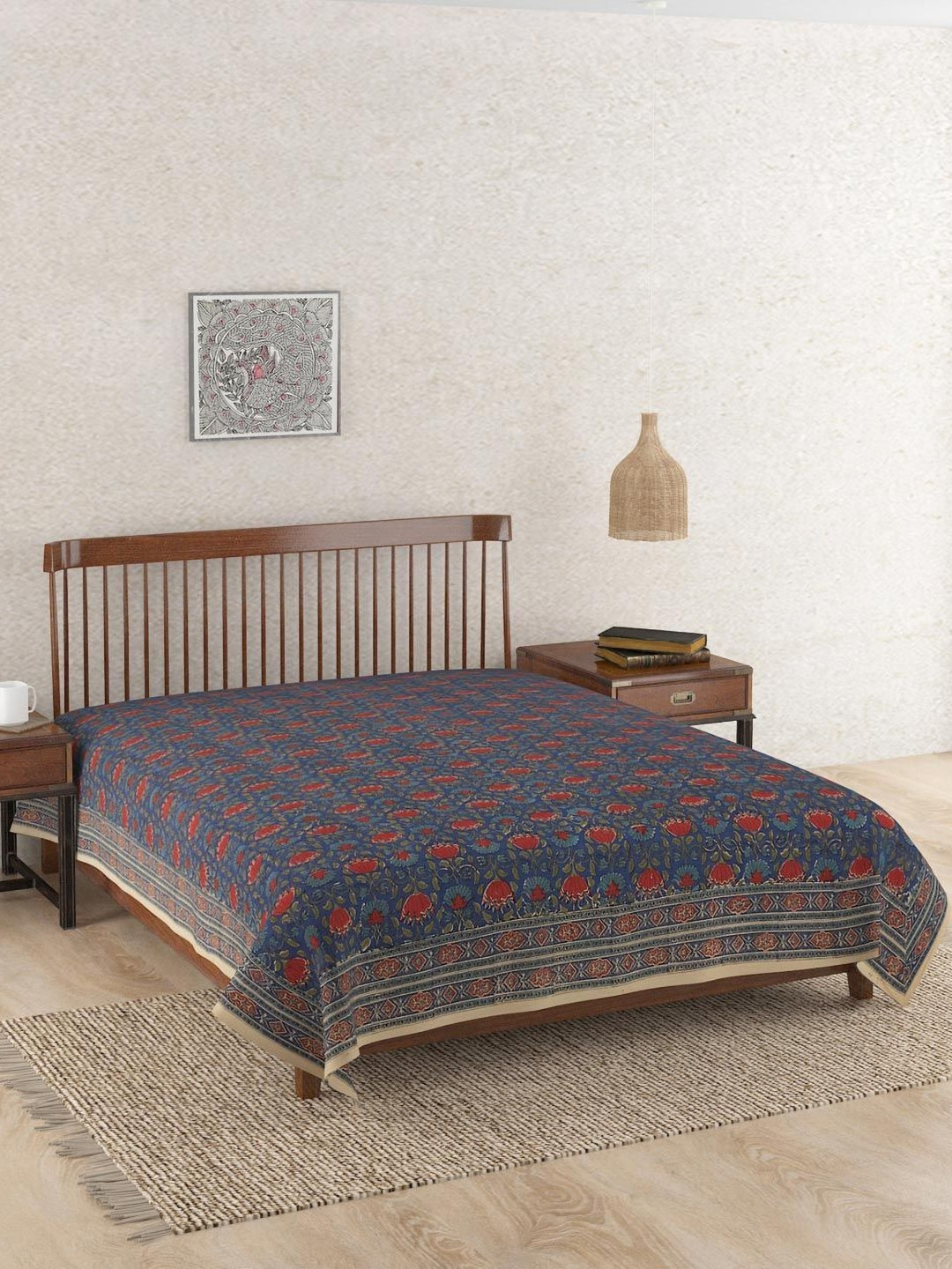 Fabindia Kamal Blue & Red Floral Printed Cotton Single Bed Cover