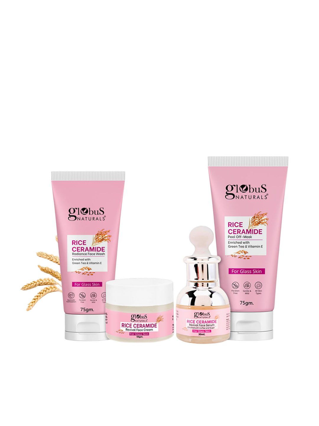 Globus naturals Set Of 4 Rice Ceramide Combo Face Toner, Face Scrub, Face Scrub